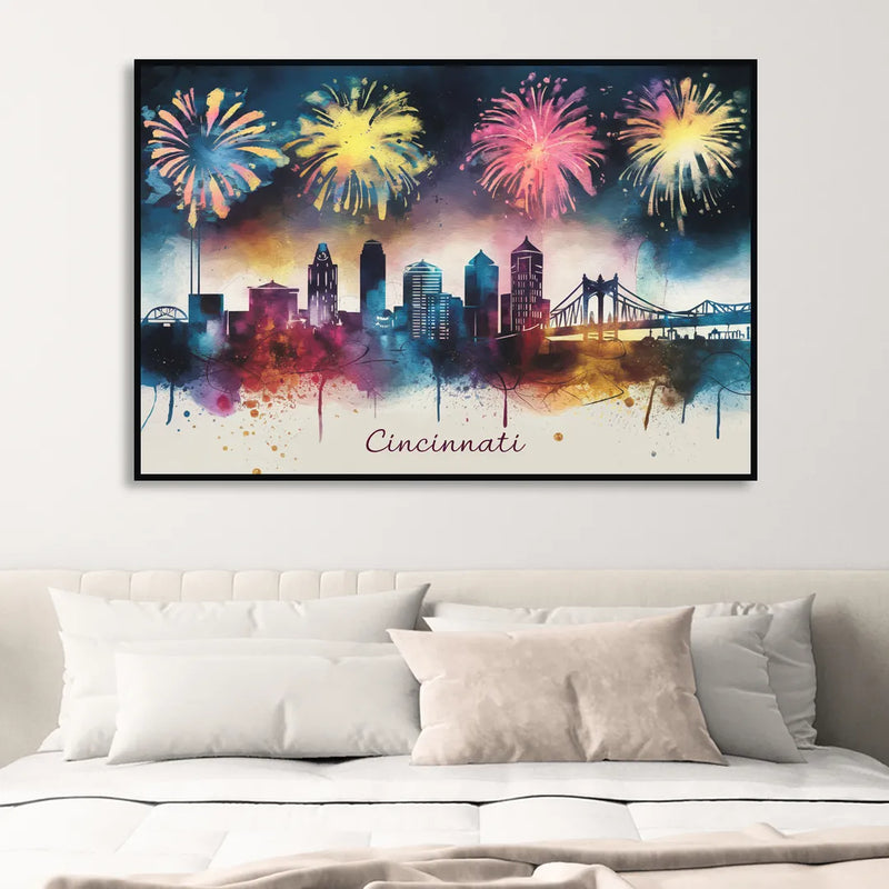 Cincinnati Skyline With Fireworks Living Room - Black Canvas Wall Art