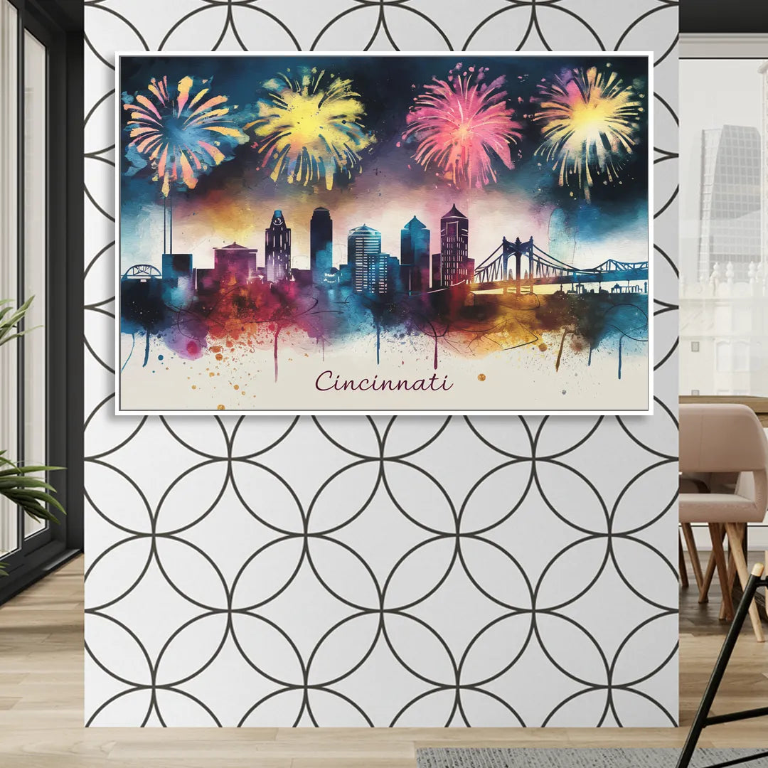 Cincinnati Skyline With Fireworks Sitting Room - White Canvas Wall Art