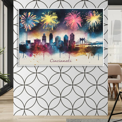 Cincinnati Skyline With Fireworks Sitting Room - White Canvas Wall Art