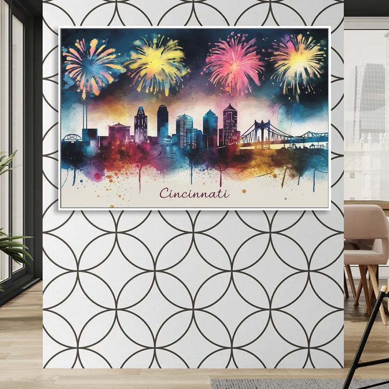 Cincinnati Skyline With Fireworks Sitting Room - White Canvas Wall Art
