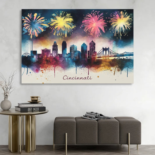 Cincinnati Skyline With Fireworks Living Room - Canvas Wall Art