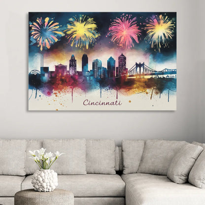 Cincinnati Skyline With Fireworks Sitting Room - Canvas Wall Art