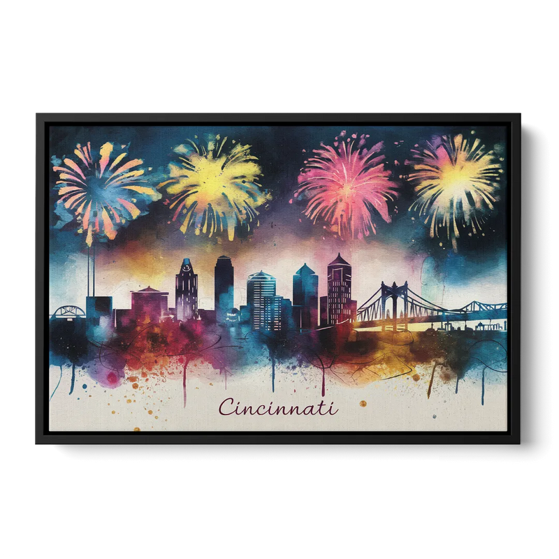 Cincinnati Skyline With Fireworks Front - Black Canvas Wall Art