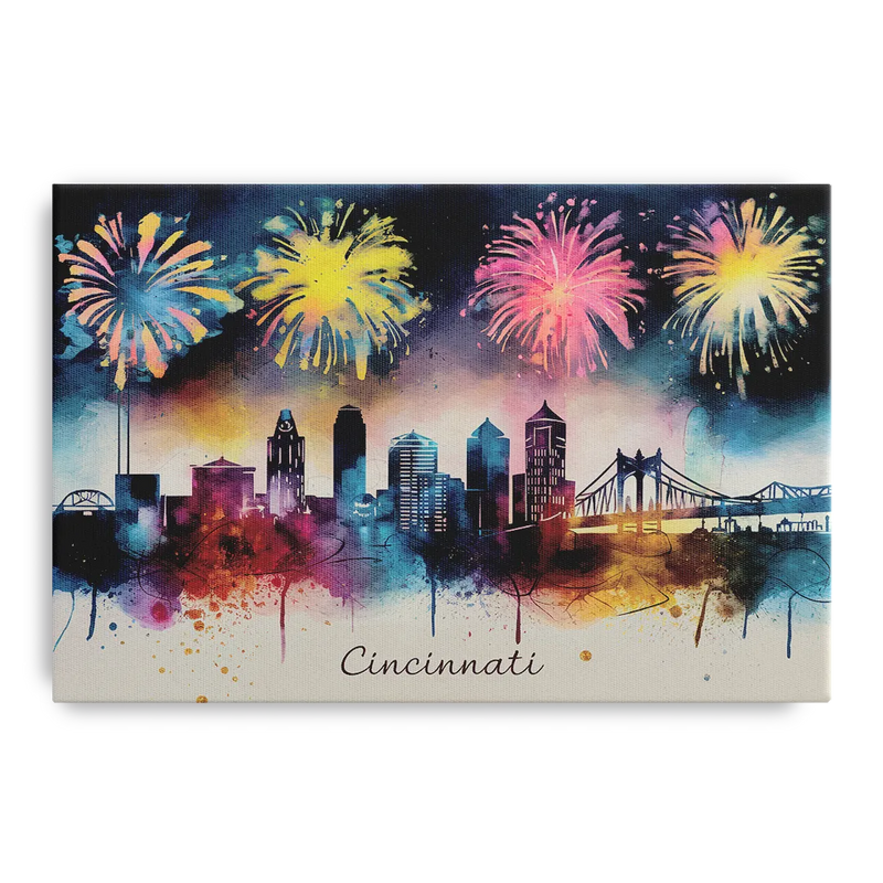 Cincinnati Skyline With Fireworks Front - Canvas Wall Art
