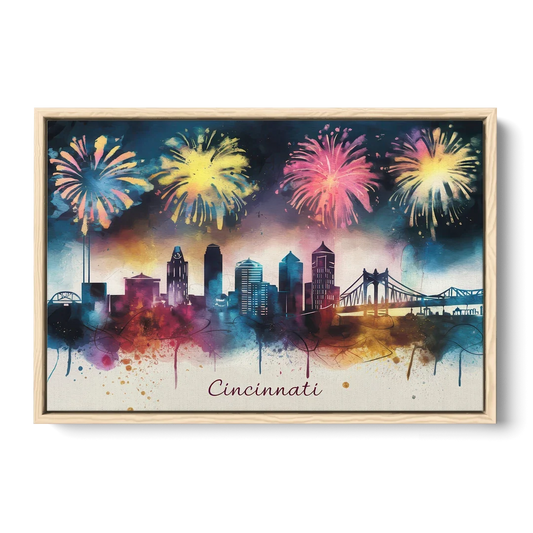 Cincinnati Skyline With Fireworks - Oak Framed Canvas Wall Art - Front