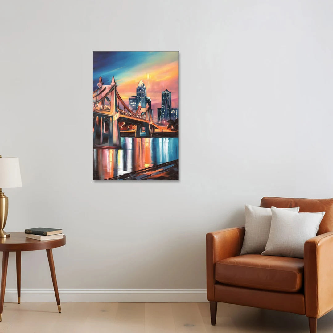 Cincinnati Skyline and Historic Bridges - Canvas Wall Art - Sofa - 24x36