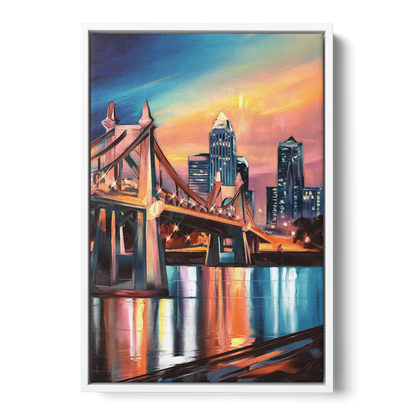 Cincinnati Skyline and Historic Bridges Front - White Canvas Wall Art