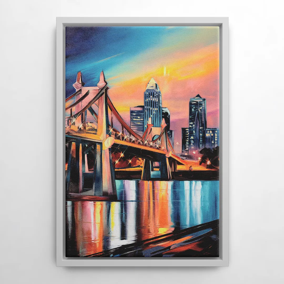 Cincinnati Skyline and Historic Bridges - White Frame Canvas