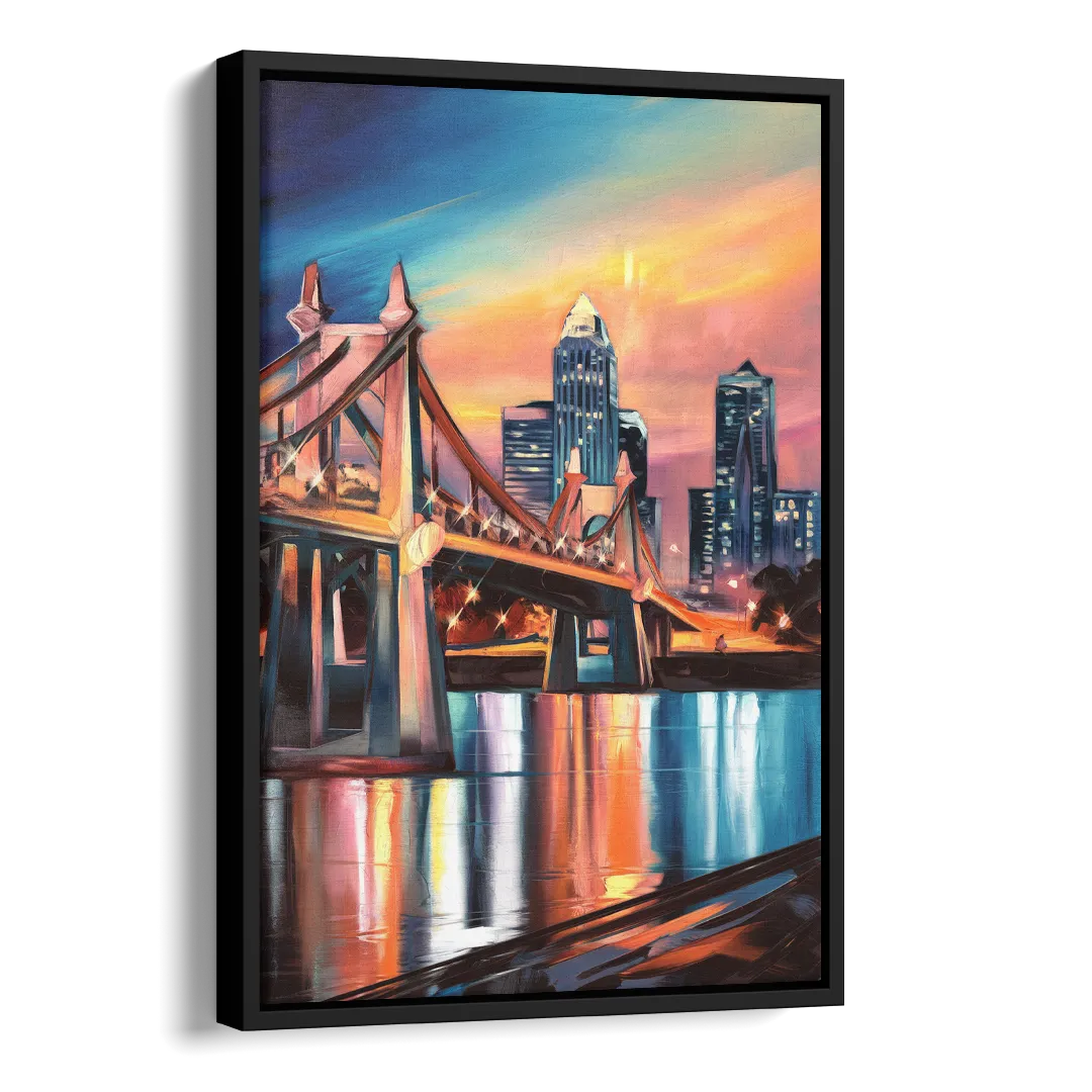 Cincinnati Skyline and Historic Bridges Side - Black Canvas Wall Art