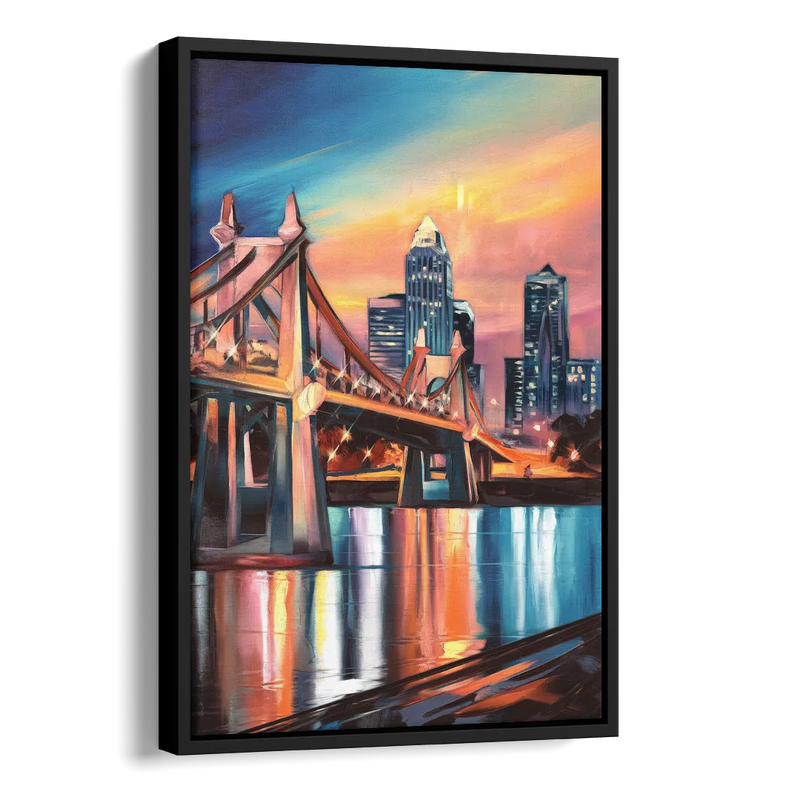 Cincinnati Skyline and Historic Bridges Side - Black Canvas Wall Art