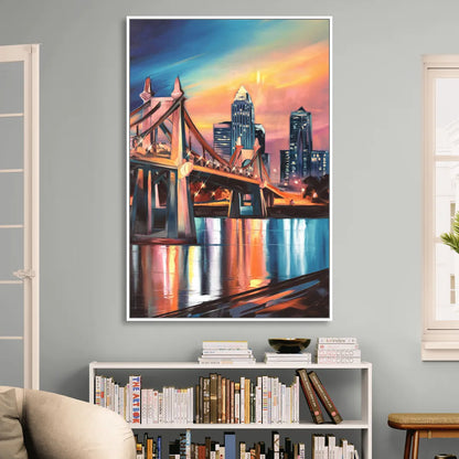 Cincinnati Skyline and Historic Bridges Living Room - White Canvas Wall Art
