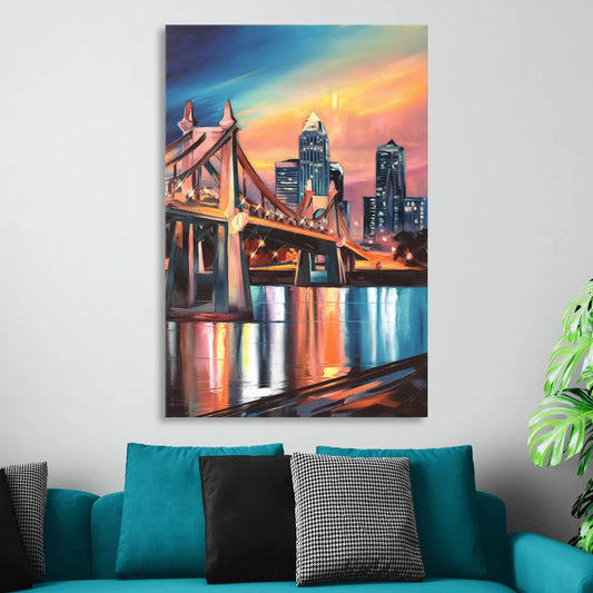 Cincinnati Skyline and Historic Bridges Living Room - Canvas Wall Art