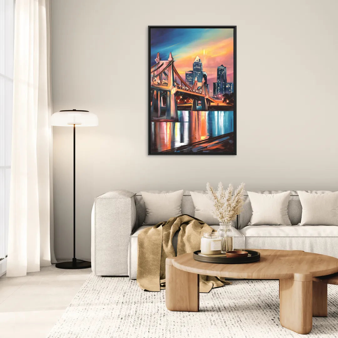 Cincinnati Skyline and Historic Bridges - Living Room Black Frame Canvas