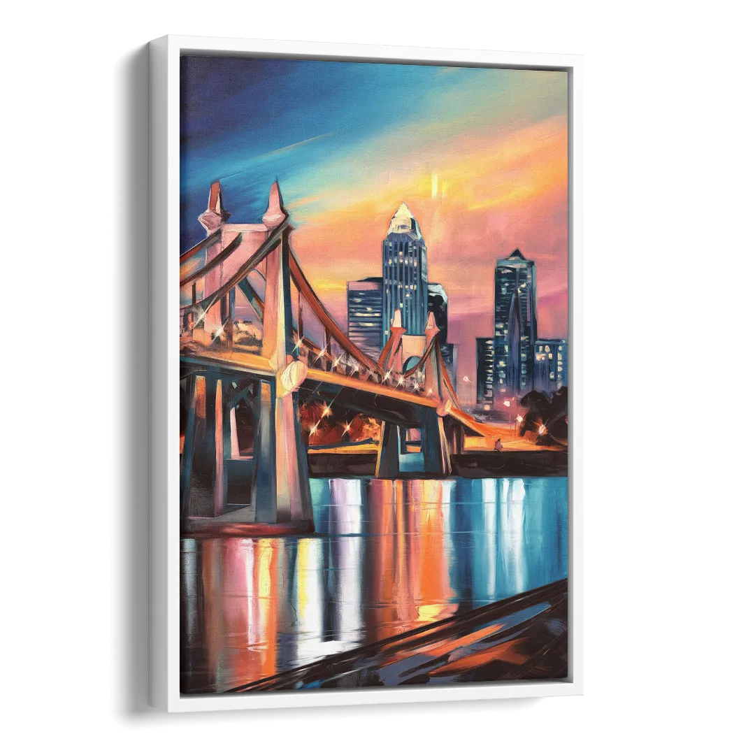 Cincinnati Skyline and Historic Bridges Side - White Canvas Wall Art