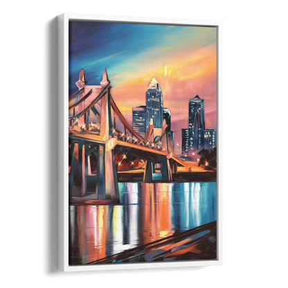Cincinnati Skyline and Historic Bridges Side - White Canvas Wall Art