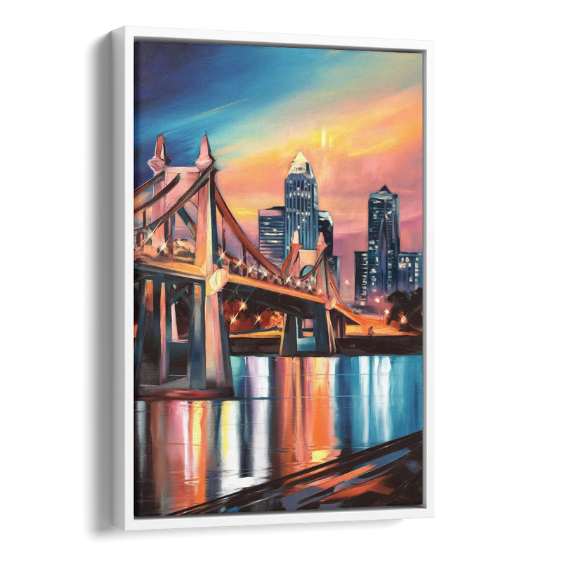Cincinnati Skyline and Historic Bridges Side - White Canvas Wall Art