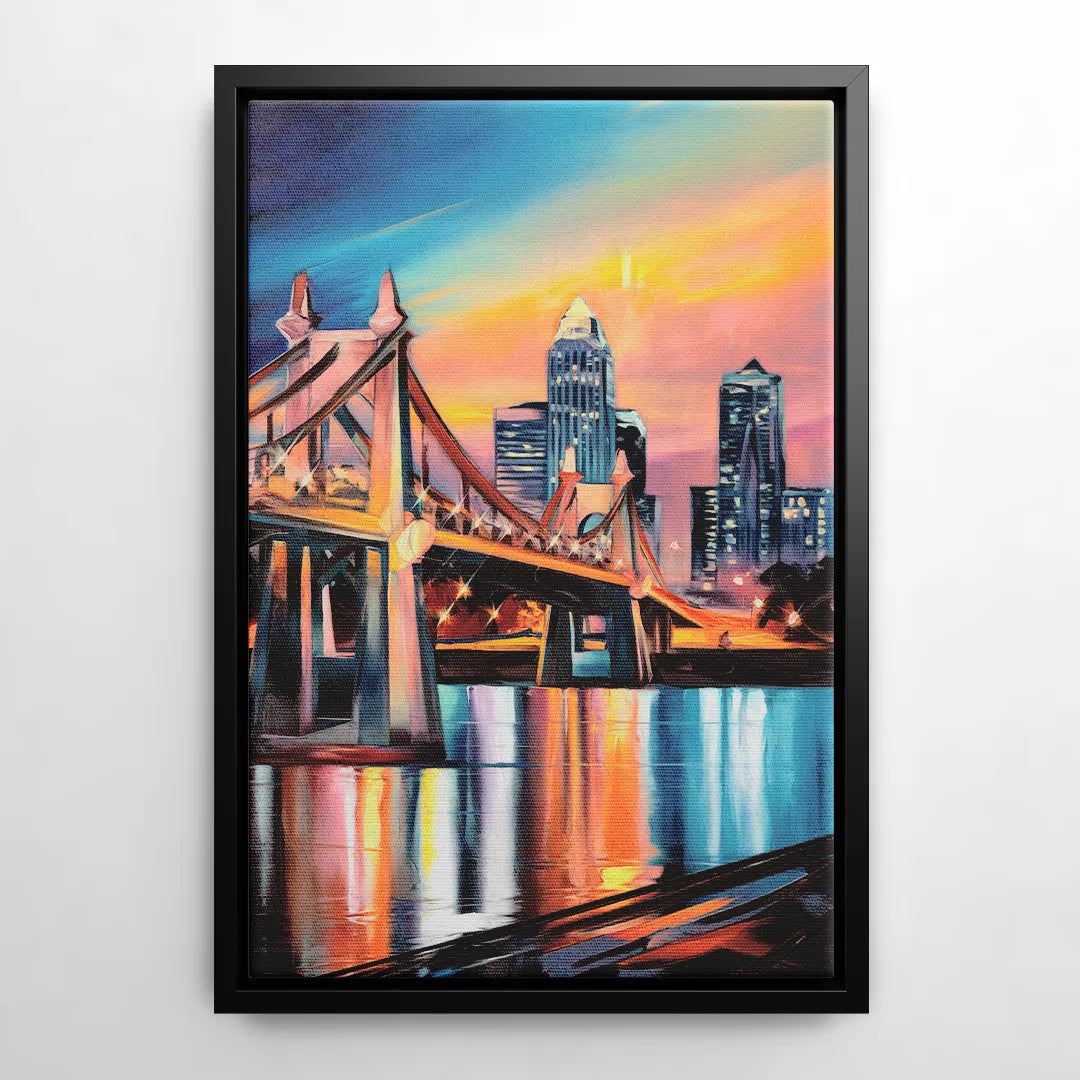 Cincinnati Skyline and Historic Bridges - Black Frame Canvas