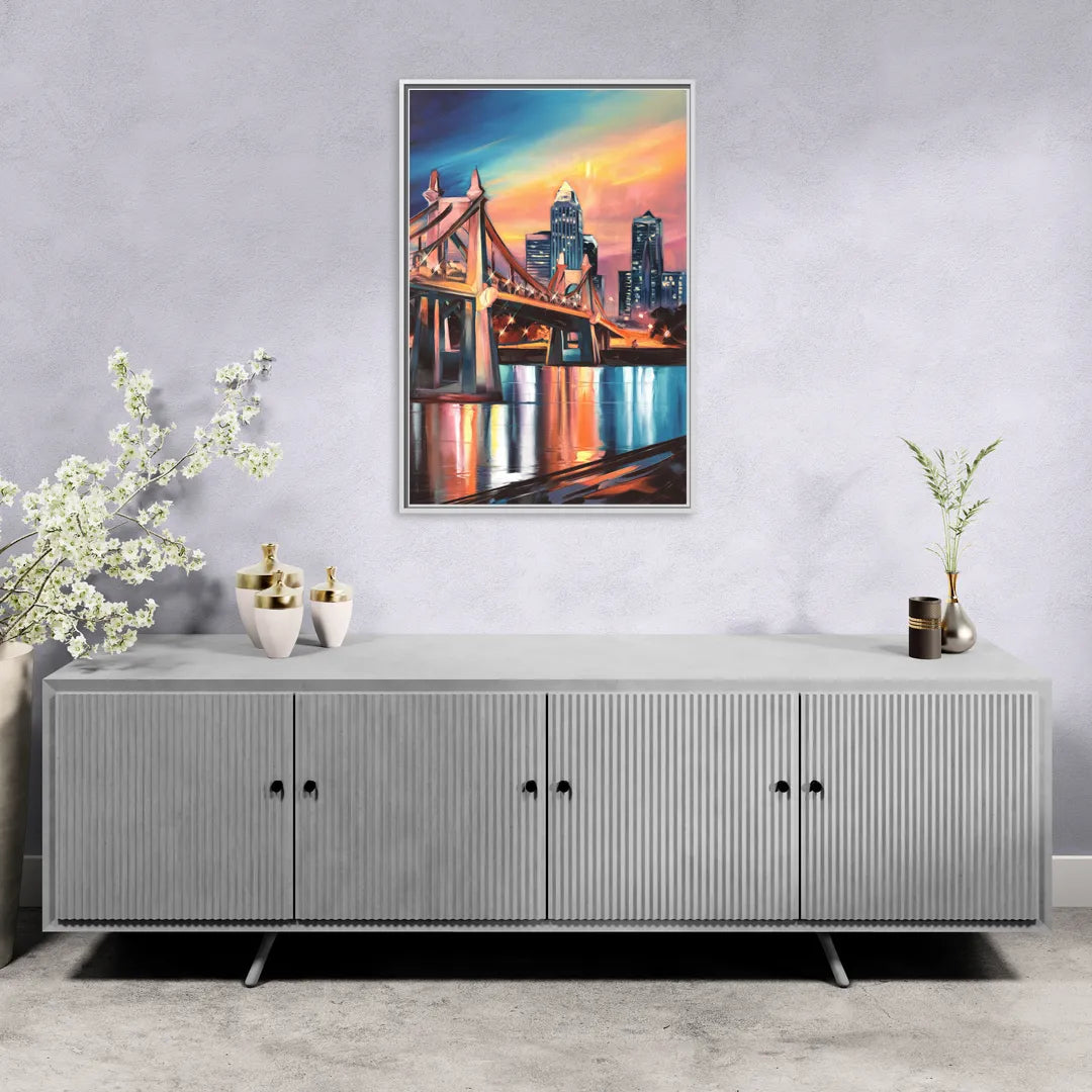 Cincinnati Skyline and Historic Bridges - Living Room White Frame Canvas