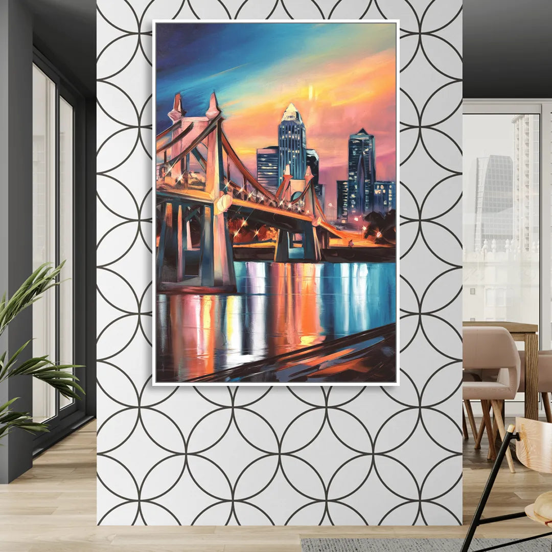 Cincinnati Skyline and Historic Bridges Sitting Room - White Canvas Wall Art