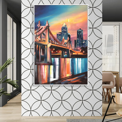 Cincinnati Skyline and Historic Bridges Sitting Room - White Canvas Wall Art
