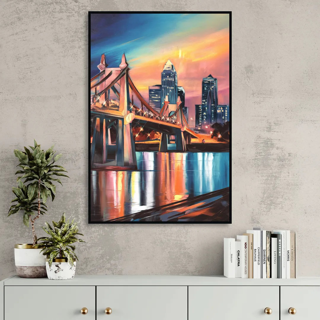 Cincinnati Skyline and Historic Bridges Living Room - Black Canvas Wall Art