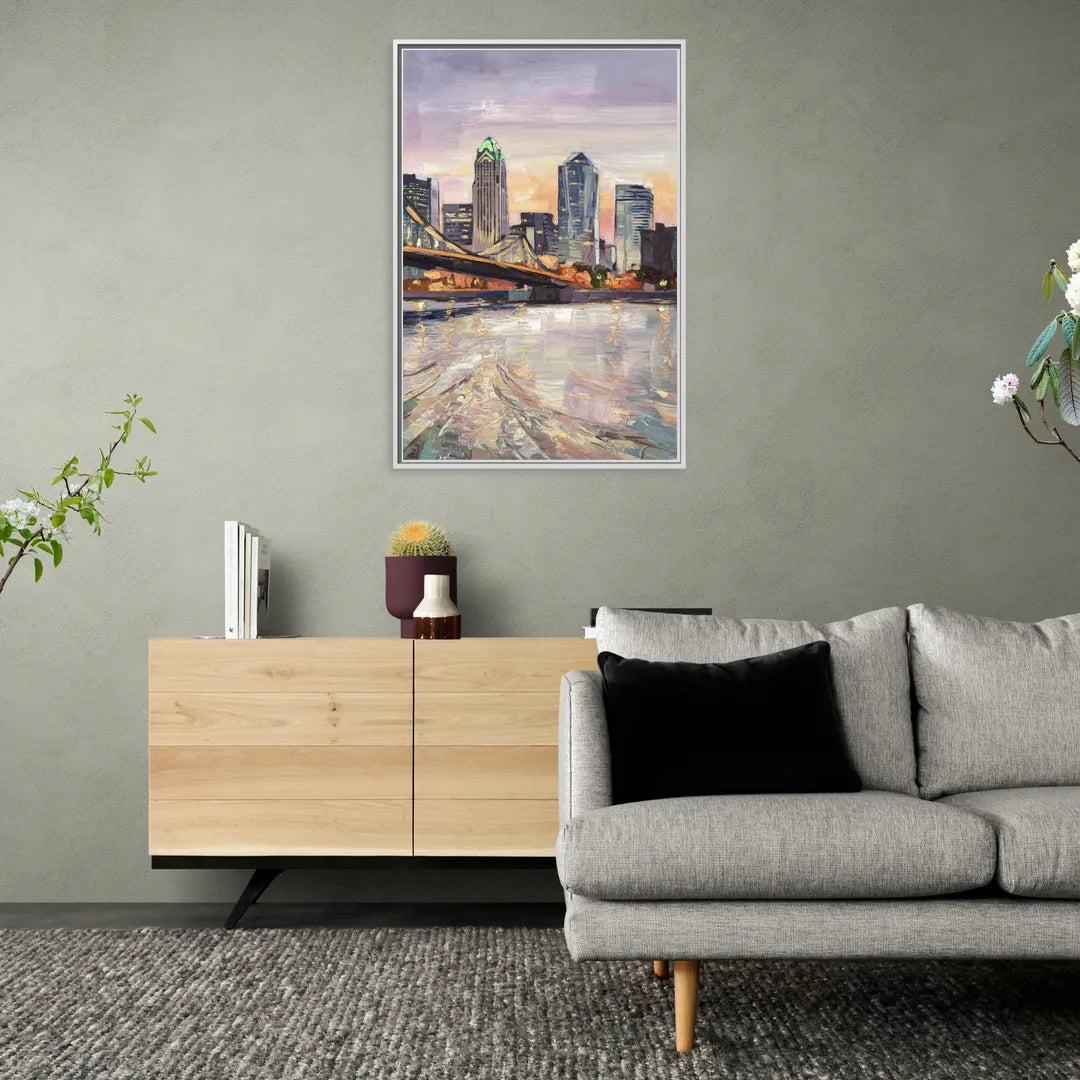 Cincinnati Skyline at Dawn - Living Room White Frame Canvas