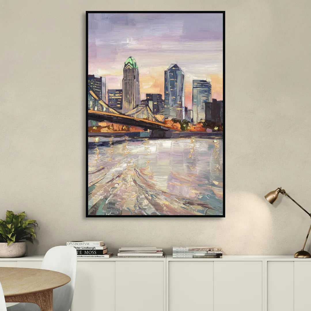 Cincinnati Skyline at Dawn Sitting Room - Black Canvas Wall Art