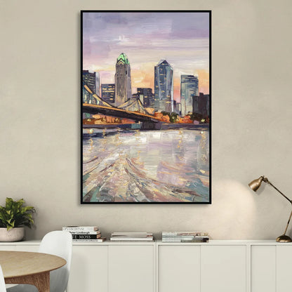 Cincinnati Skyline at Dawn Sitting Room - Black Canvas Wall Art