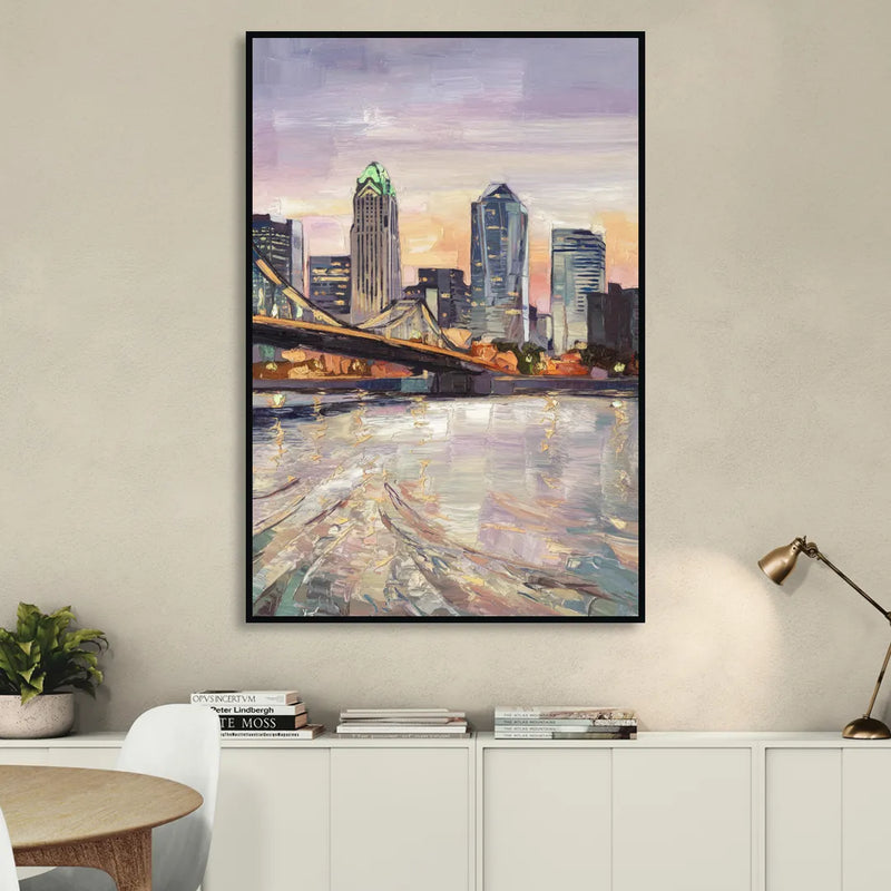 Cincinnati Skyline at Dawn Sitting Room - Black Canvas Wall Art