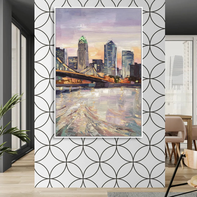 Cincinnati Skyline at Dawn Living Room - White Canvas Wall Art