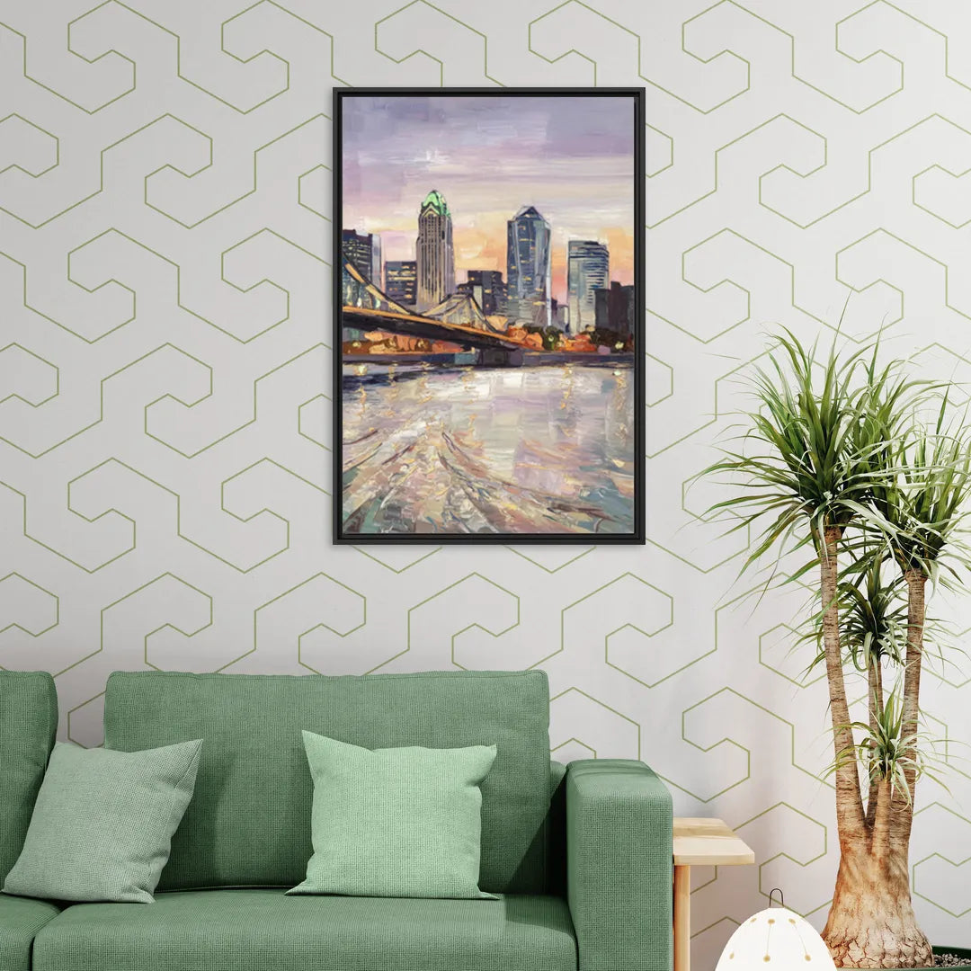 Cincinnati Skyline at Dawn - Living Room Black Frame Canvas
