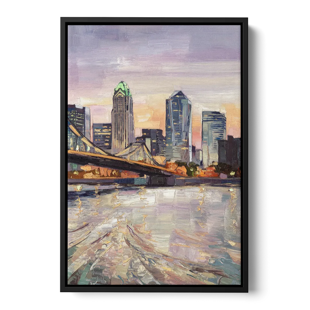Cincinnati Skyline at Dawn Front - Black Canvas Wall Art