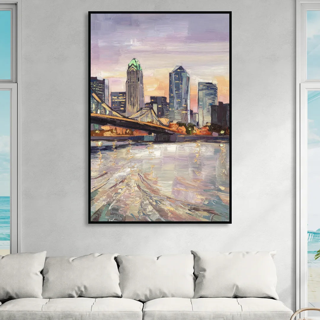 Cincinnati Skyline at Dawn Living Room - Black Canvas Wall Art