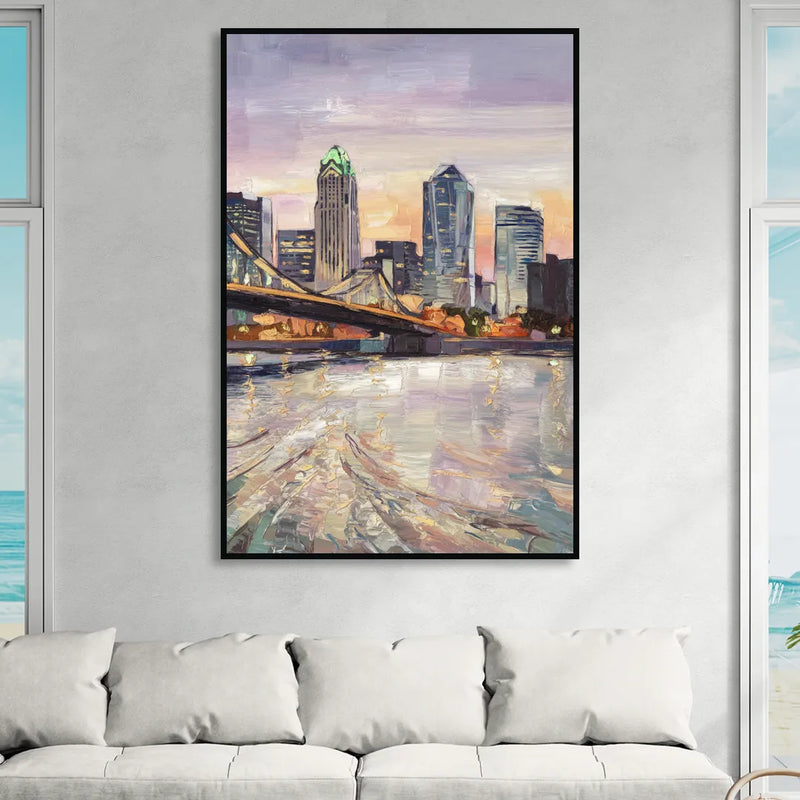 Cincinnati Skyline at Dawn Living Room - Black Canvas Wall Art