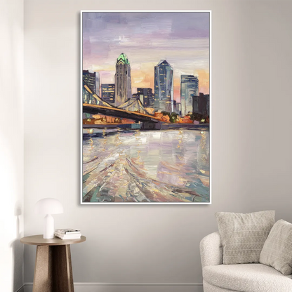 Cincinnati Skyline at Dawn Sitting Room - White Canvas Wall Art