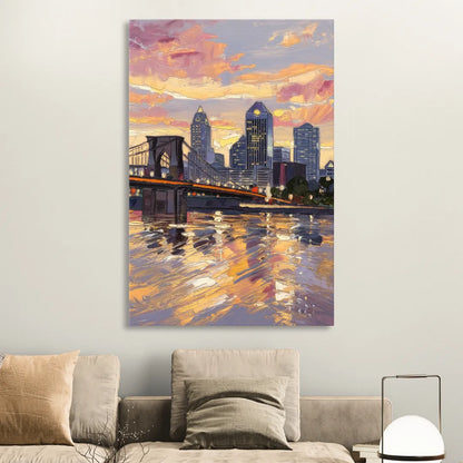 Cincinnati Skyline at Sunset Living Room - Canvas Wall Art