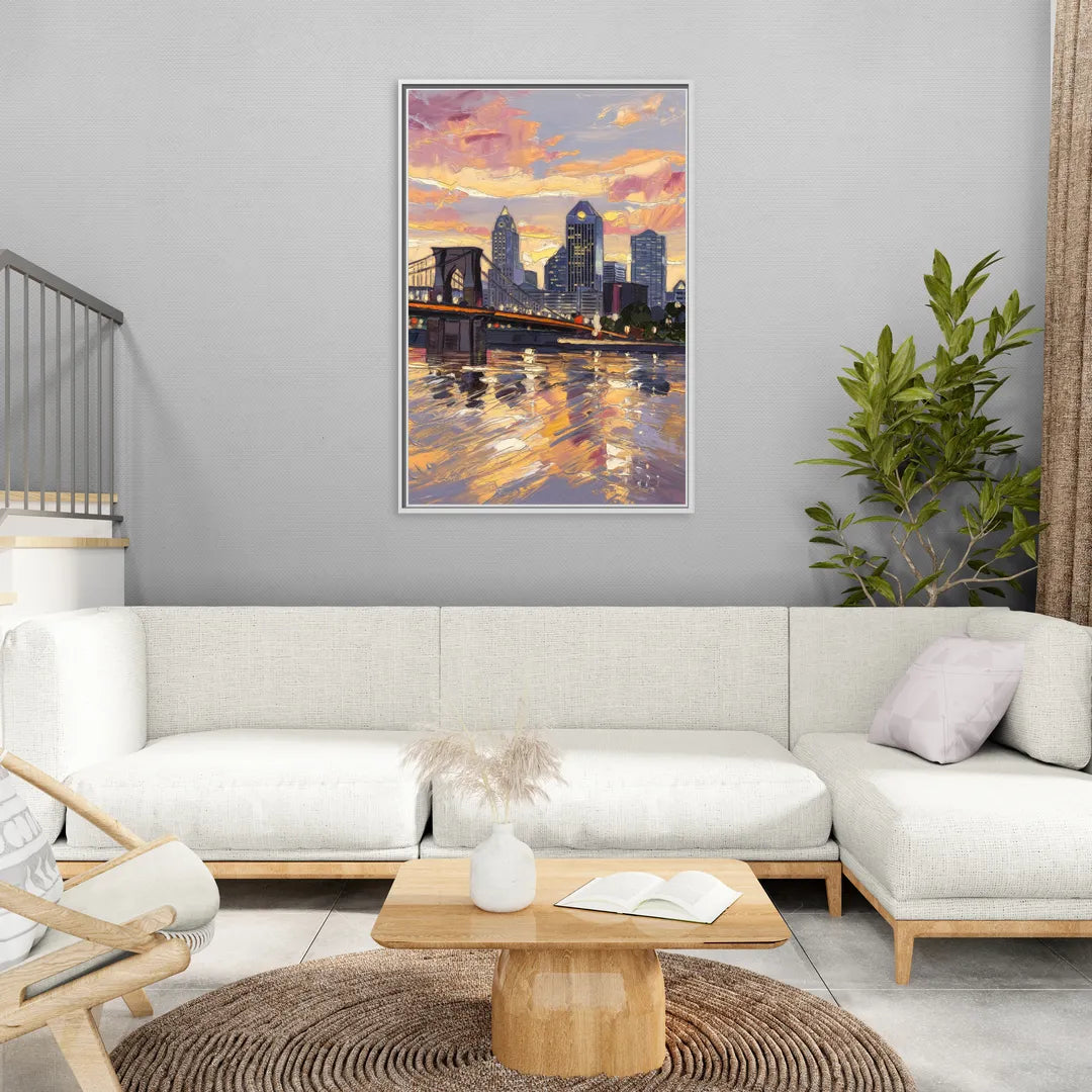 Cincinnati Skyline at Sunset - Living Room White Frame Canvas