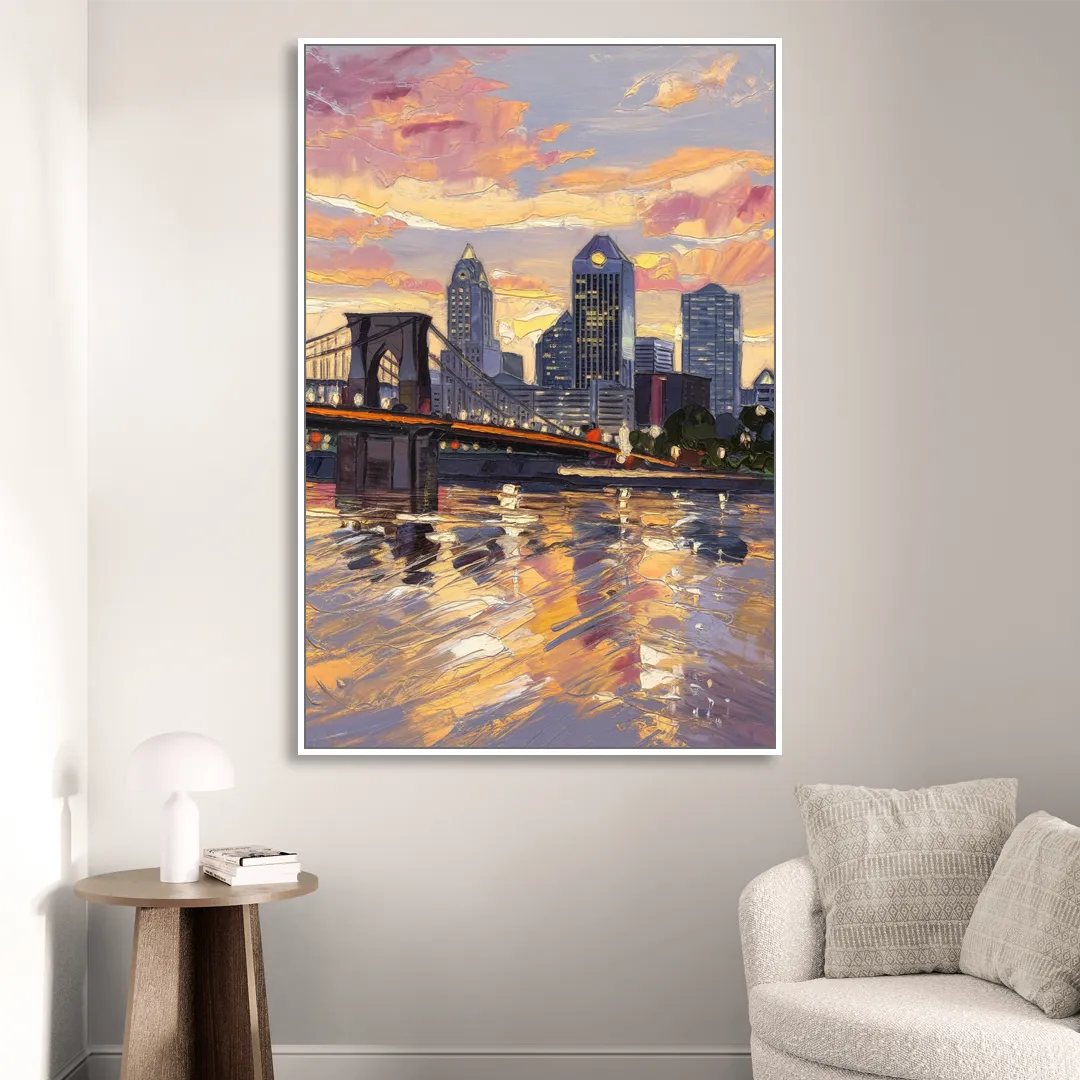Cincinnati Skyline at Sunset Living Room - White Canvas Wall Art