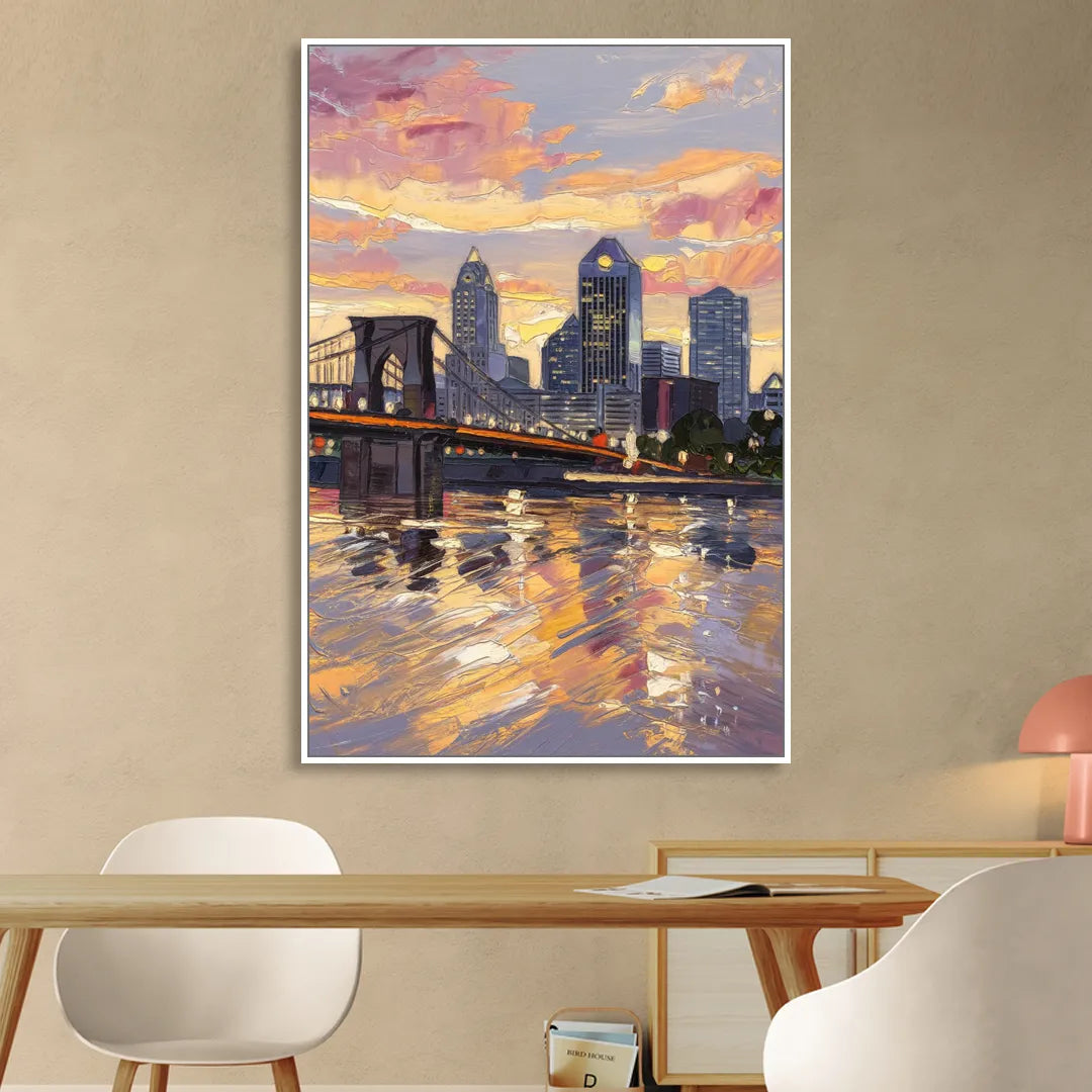 Cincinnati Skyline at Sunset Sitting Room - White Canvas Wall Art