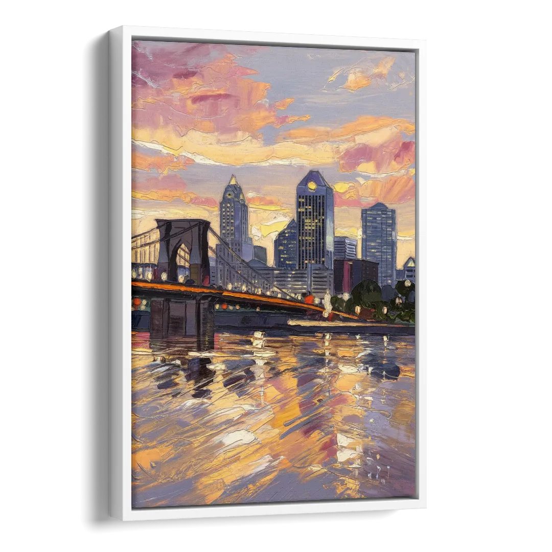 Cincinnati Skyline at Sunset Side - White Canvas Wall Art
