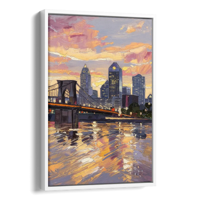 Cincinnati Skyline at Sunset Side - White Canvas Wall Art