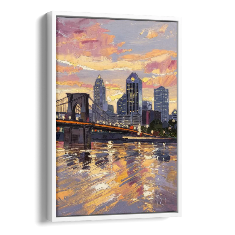Cincinnati Skyline at Sunset Side - White Canvas Wall Art