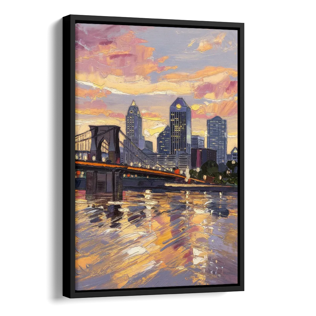 Cincinnati Skyline at Sunset Side - Black Canvas Wall Art
