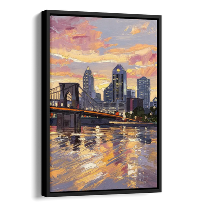 Cincinnati Skyline at Sunset Side - Black Canvas Wall Art