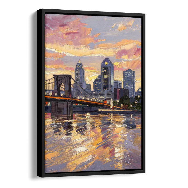 Cincinnati Skyline at Sunset Side - Black Canvas Wall Art