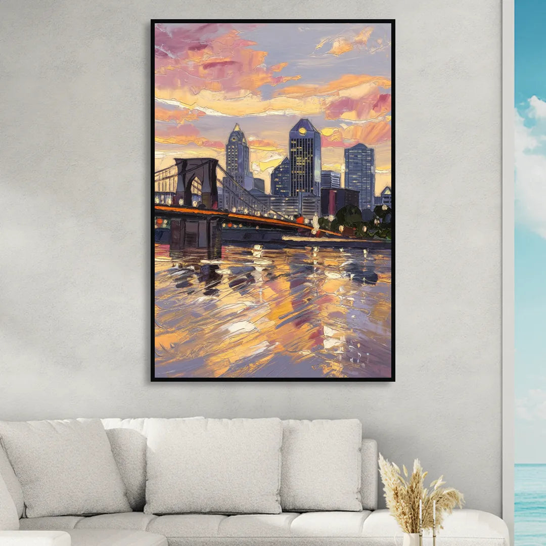 Cincinnati Skyline at Sunset Sitting Room - Black Canvas Wall Art