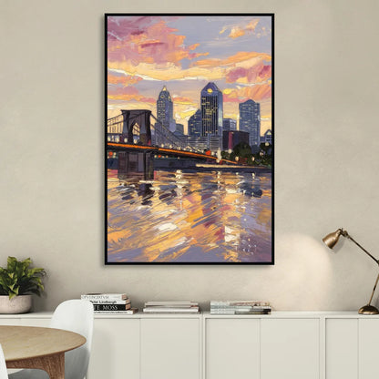 Cincinnati Skyline at Sunset Living Room - Black Canvas Wall Art