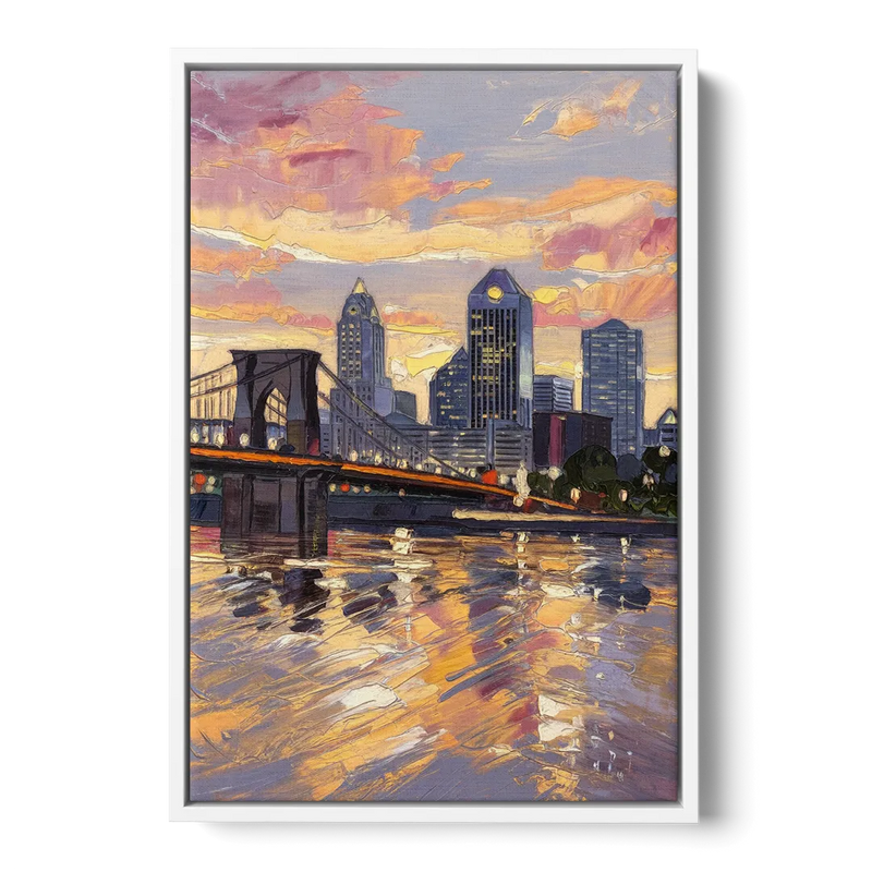 Cincinnati Skyline at Sunset Front - White Canvas Wall Art
