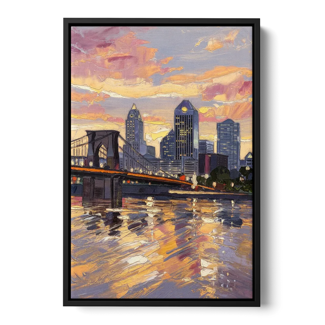 Cincinnati Skyline at Sunset Front - Black Canvas Wall Art