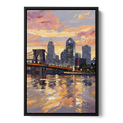 Cincinnati Skyline at Sunset Front - Black Canvas Wall Art